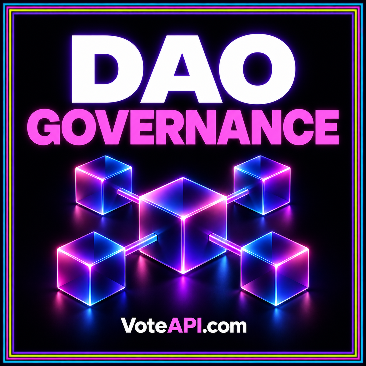 DAO voting typography card with connected proposal, delegation, and quorum symbols.